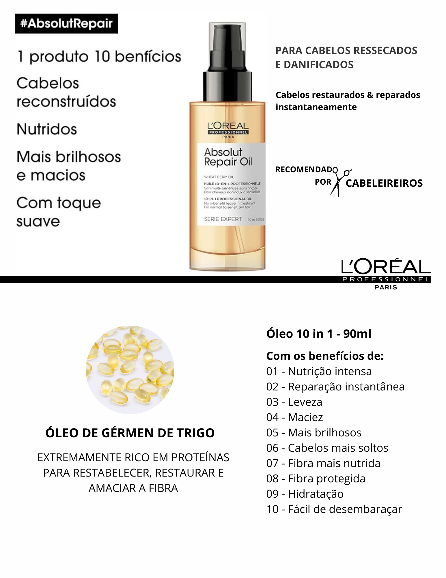 Produto  - Óleo 10 in 1 ABSOLUT REPAIR OIL SERIE EXPERT L'ORÉAL PROFESSIONNEL 90ml