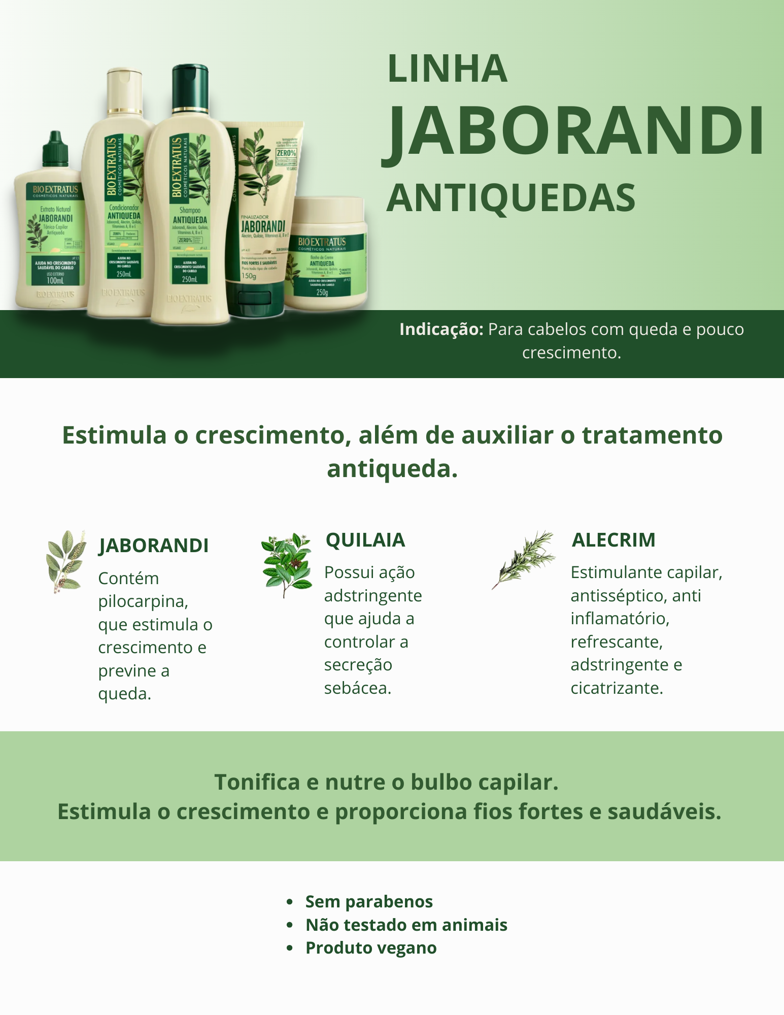 Produto  - Shampoo JABORANDI ANTIQUEDA BIO EXTRATUS 250ml - Condicionador JABORANDI ANTIQUEDA BIO EXTRATUS 250ml - Banho de creme JABORANDI ANTIQUEDA BIO EXTRATUS 250g - Finalizador JABORANDI ANTIQUEDA BIO EXTRATUS 150g - Extrato JABORANDI ANTIQUEDA BIO EXTRATUS 100ml