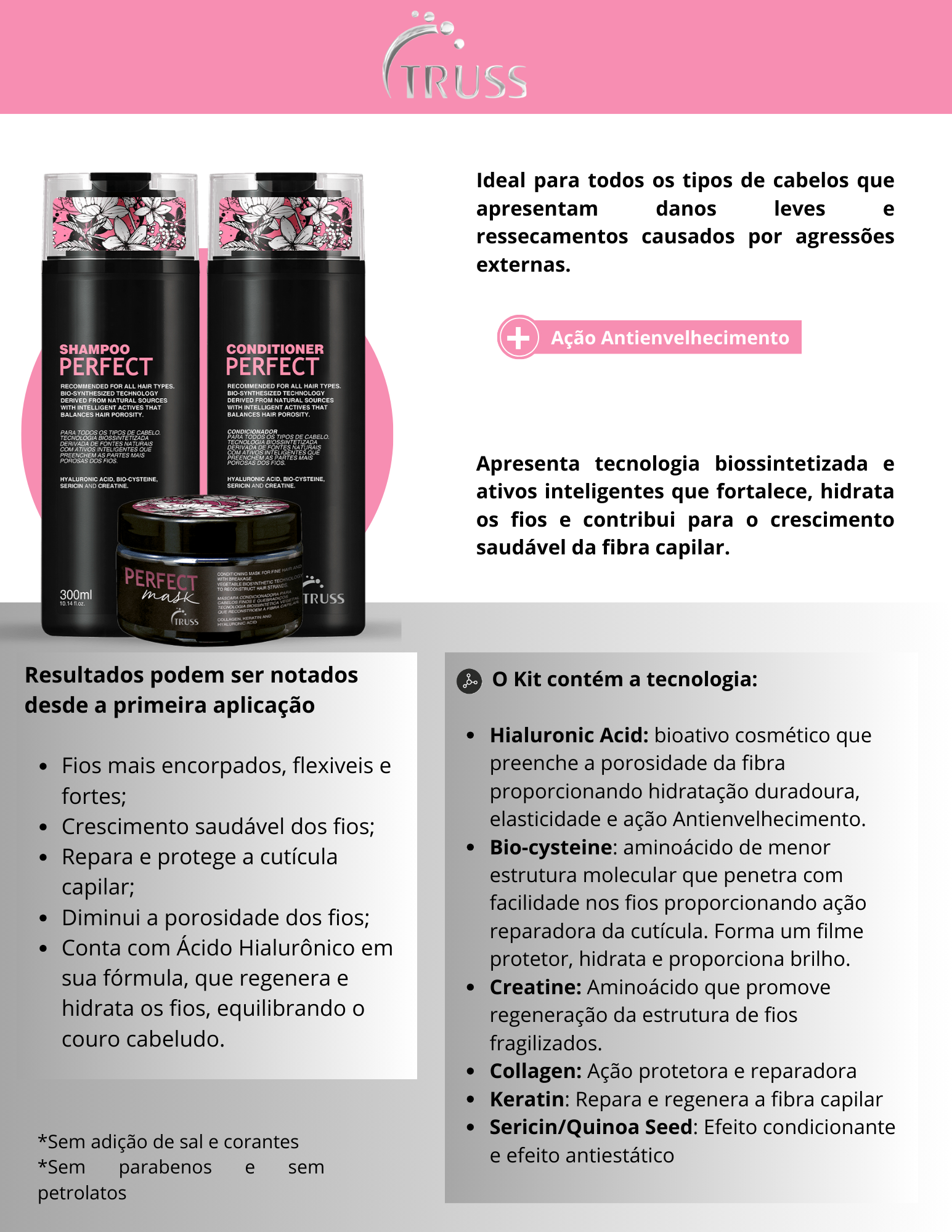Produto  - Shampoo PERFECT TRUSS PROFESSIONAL 300ml - Condicionador PERFECT TRUSS PROFESSIONAL 300ml - Máscara PERFECT MASK TRUSS PROFESSIONAL 180g