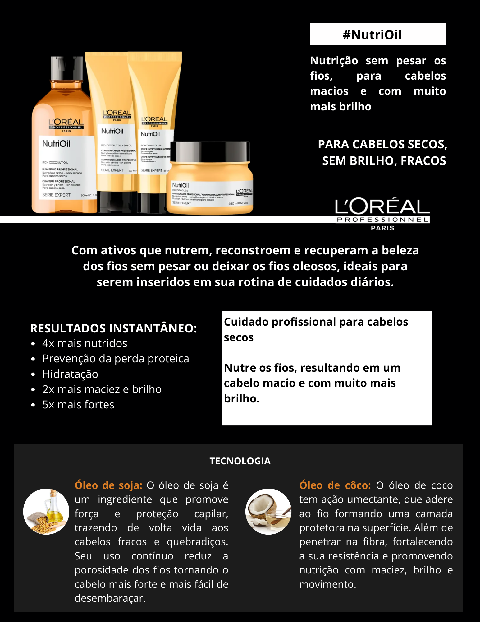 Produto  - Shampoo NUTRIOIL SERIE EXPERT L'ORÉAL PROFESSIONNEL 300ml - Condicionador NUTRIOIL SERIE EXPERT L'ORÉAL PROFESSIONNEL 200ml - Máscara NUTRIOIL SERIE EXPERT L'ORÉAL PROFESSIONNEL 250g - Leave in NUTRIOIL SERIE EXPERT L'ORÉAL PROFESSIONNEL 150ml