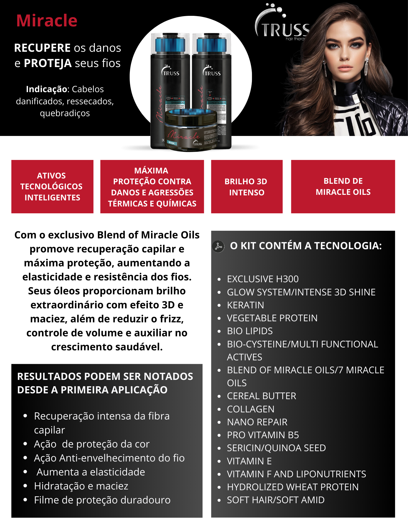 Produto  - Shampoo MIRACLE TRUSS PROFESSIONAL 300ml - Condicionador MIRACLE TRUSS PROFESSIONAL 300ml - Máscara MIRACLE MASK TRUSS PROFESSIONAL 180g