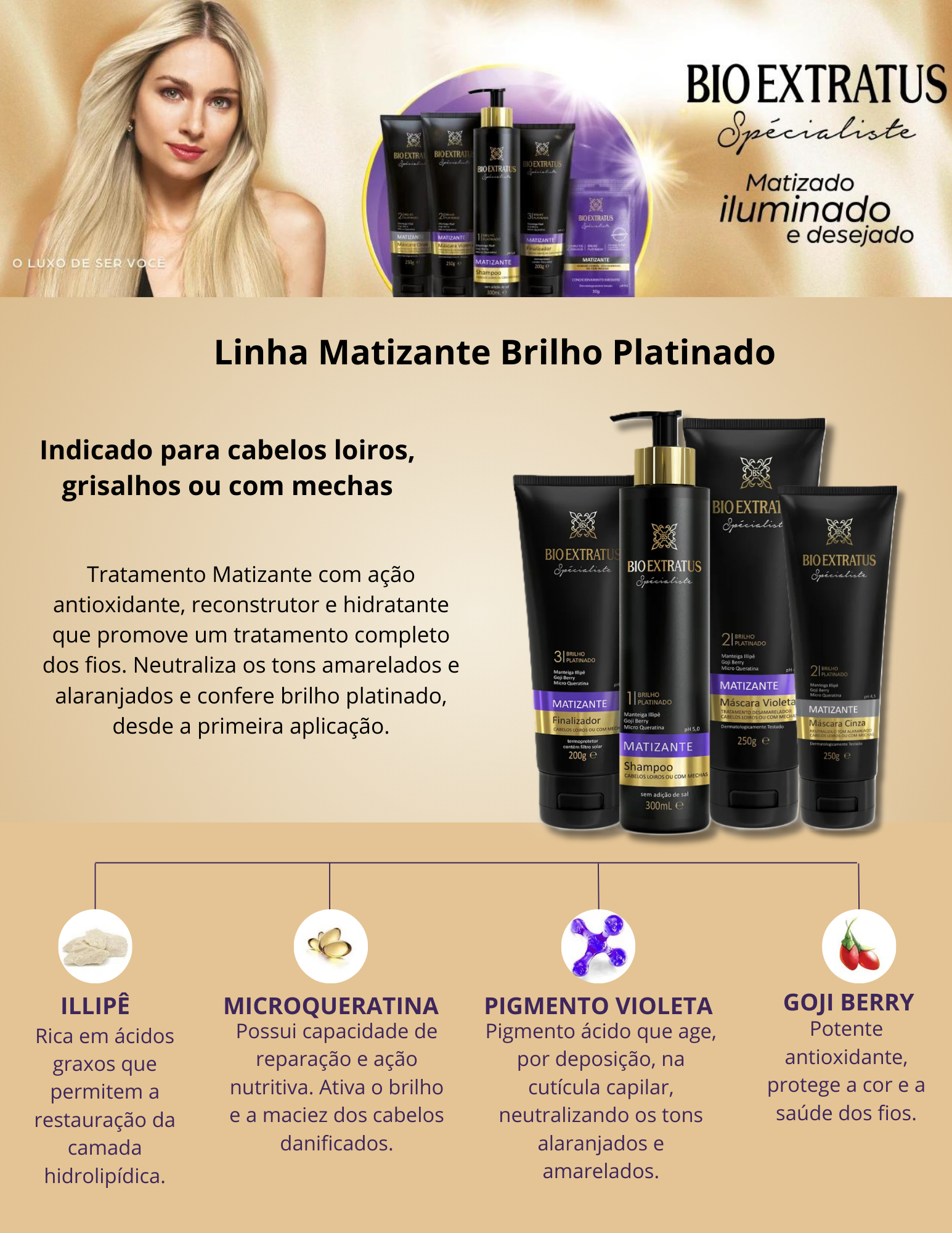 Produto  - Shampoo SPÉCIALISTE MATIZANTE BIO EXTRATUS 300ml - Máscara SPÉCIALISTE MATIZANTE VIOLETA BIO EXTRATUS 250g - Máscara SPÉCIALISTE MATIZANTE CINZA BIO EXTRATUS 250g - Finalizador SPÉCIALISTE MATIZANTE BIO EXTRATUS 200g