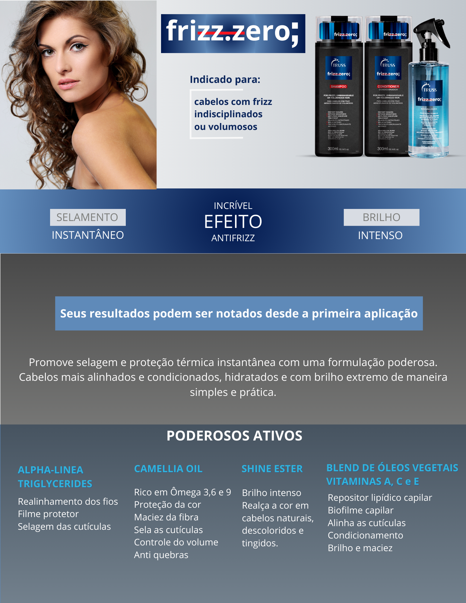 Produto  - Shampoo FRIZZ ZERO TRUSS PROFESSIONAL 300ml - Condicionador FRIZZ ZERO TRUSS PROFESSIONAL 300ml - Máscara líquida FRIZZ ZERO TRUSS PROFESSIONAL 260ml