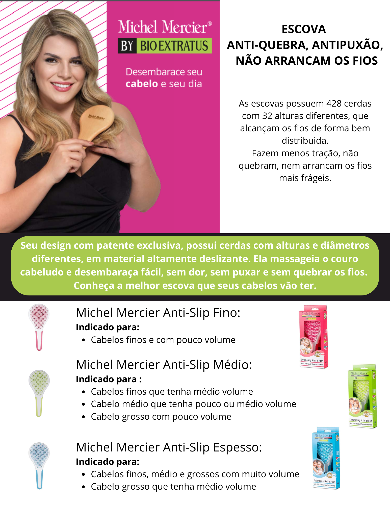 Produto  - Escova Antipuxão, anti-quebra MICHEL MERCIER ANTI-SLIP FINO - Escova Antipuxão, anti-quebra MICHEL MERCIER ANTI-SLIP MÉDIO - Escova Antipuxão, anti-quebra MICHEL MERCIER ANTI-SLIP ESPESSO