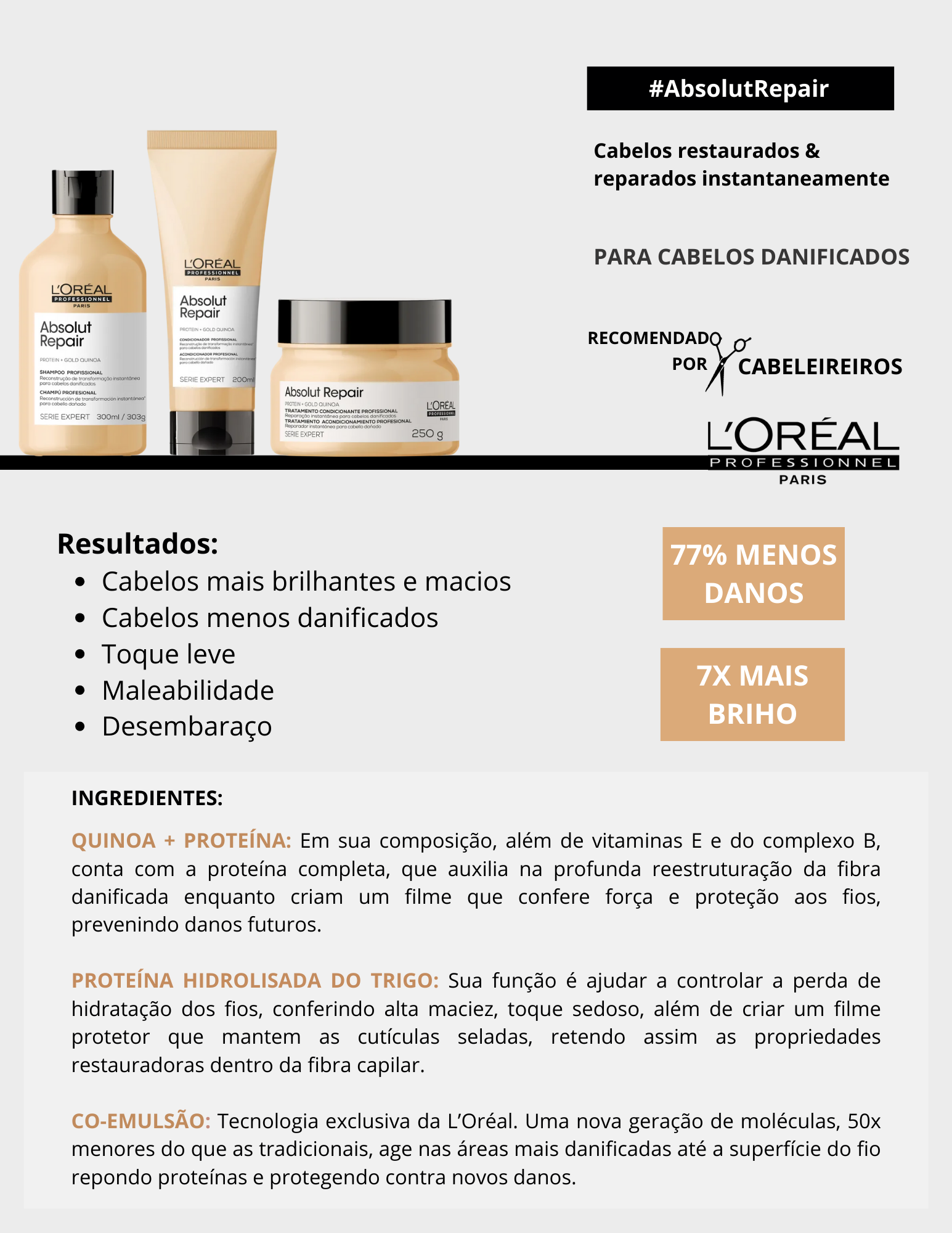 Produto  - Shampoo ABSOLUT REPAIR SERIE EXPERT L'ORÉAL PROFESSIONNEL 300ml - Condicionador ABSOLUT REPAIR SERIE EXPERT L'ORÉAL PROFESSIONNEL 200ml - Máscara ABSOLUT REPAIR SERIE EXPERT L'ORÉAL PROFESSIONNEL 250g