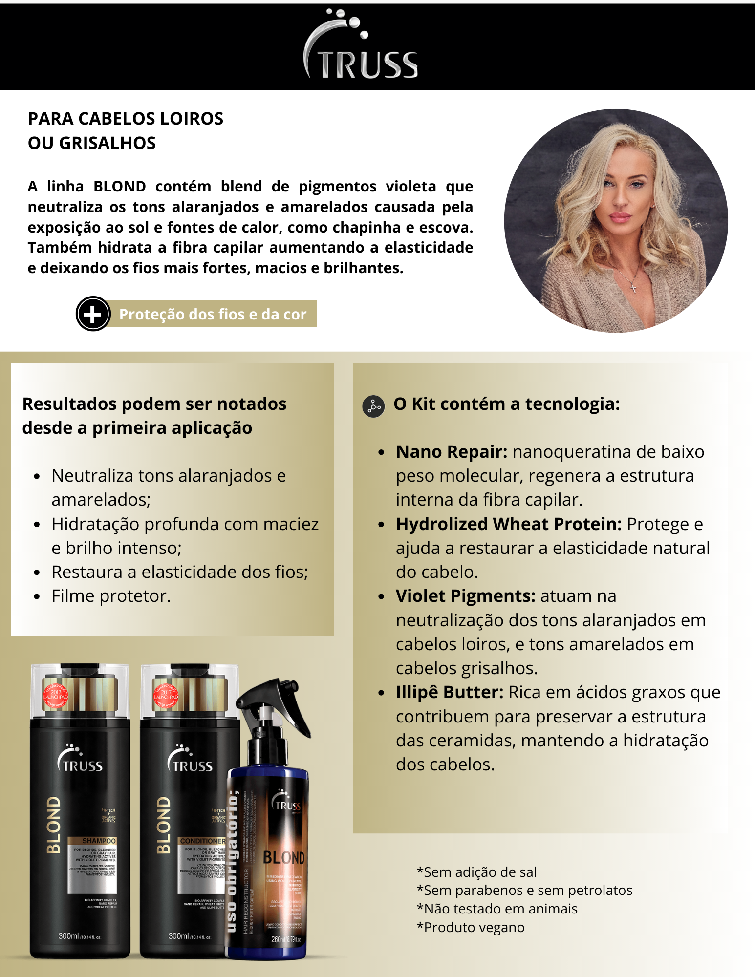 Produto  - Shampoo BLOND TRUSS PROFESSIONAL 300ml - Condicionador BLOND TRUSS PROFESSIONAL 300ml - Spray USO OBRIGATÓRIO; BLOND TRUSS PROFESSIONAL 260ml
